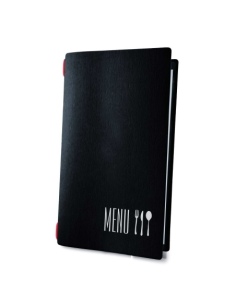 Porta Menu CUSTOM A4 SLIM (17,4x31,8 cm) "CODE" cornicetta (4 facciate) elastico rosso ECO NERO sp. 0.6