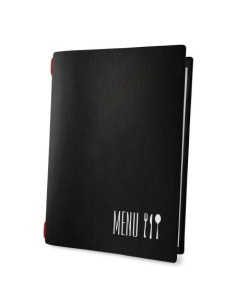 Porta Menu CUSTOM A4 (23,2x31,8 cm) "CODE" cornicetta (4 facciate) elastico rosso ECO NERO sp. 0.6