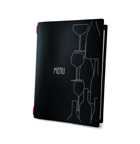 Porta Menu CUSTOM A5 (16,5x23,1 cm) "GLASS" cornicetta (4 facciate) elastico rosso ECO NERO sp. 0.6
