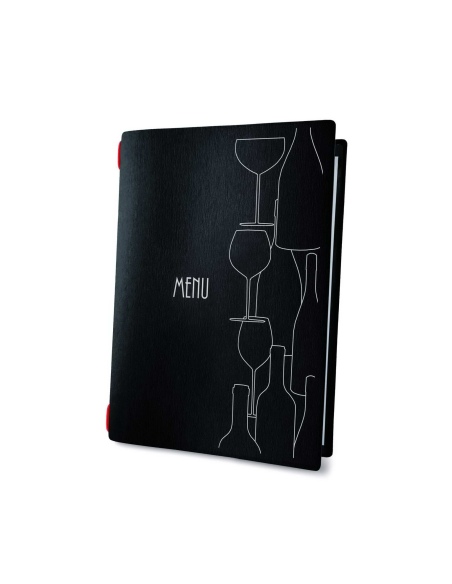 Porta Menu CUSTOM A5 (16,5x23,1 cm) "GLASS" cornicetta (4 facciate) elastico rosso ECO NERO sp. 0.6