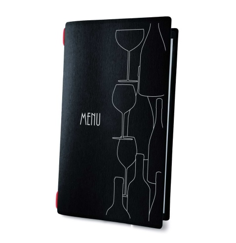 Porta Menu CUSTOM A4 SLIM (17,4x31,8 cm) "GLASS" cornicetta (4 facciate) elastico rosso ECO NERO sp. 0.6