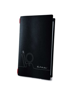 Porta Menu CUSTOM A4 SLIM (17,4x31,8 cm) "LINEAR" cornicetta (4 facciate) elastico rosso ECO NERO sp. 0.6