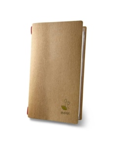 Porta Menu CUSTOM A4 SLIM (17,4x31,8 cm) "VEGGY menu" cornicetta (4 facciate) elastico rosso ECO NATURALE sp. 0.6