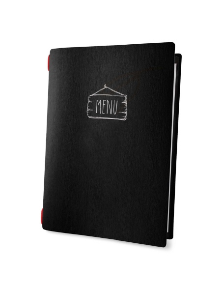 Porta Menu CUSTOM A4 (23,2x31,8 cm) "SALOON menu" solo elastico rosso ECO NERO sp. 0.6
