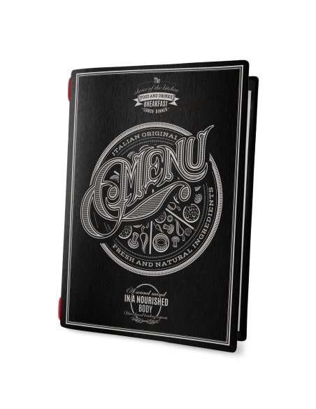 Porta Menu CUSTOM A4 (23,2x31,8 cm) "TATTOO BLACK menu" solo elastico rosso ECO NERO sp. 0.6