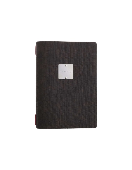 Porta Menu A5 (16,5x23,1 cm) etichetta METAL "personalizzata" (minimo 18 pezzi) cornicetta (4 facciate) elastico rosso JUTA MARR