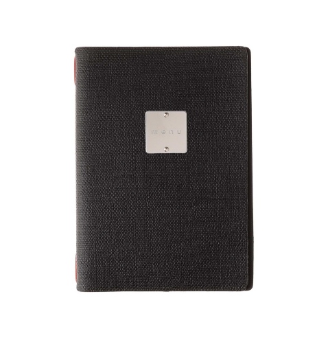 Porta Menu A5 (16,5x23,1 cm) etichetta METAL "menu" cornicetta (4 facciate) elastico rosso JUTA NERO