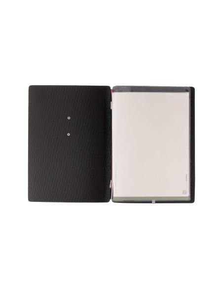 Porta Menu A5 (16,5x23,1 cm) etichetta METAL "personalizzata" (minimo 18 pezzi) cornicetta (4 facciate) elastico rosso JUTA NERO