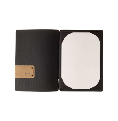 Porta Menu A5 (16,5x23,1 cm) etichetta PATCH "personalizzata" (minimo 18 pezzi) cornicetta (4 facciate) elastico rosso JUTA NERO