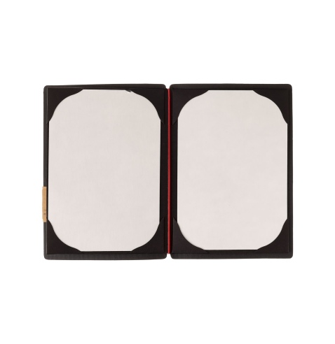 Porta Menu A5 (16,5x23,1 cm) etichetta PATCH "personalizzata" (minimo 18 pezzi) cornicetta (4 facciate) elastico rosso JUTA NERO