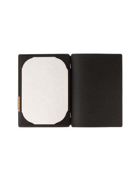 Porta Menu A5 (16,5x23,1 cm) etichetta PATCH "personalizzata" (minimo 18 pezzi) cornicetta (4 facciate) elastico rosso JUTA NERO