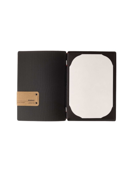 Porta Menu A5 (16,5x23,1 cm) etichetta PATCH "menu" cornicetta (4 facciate) elastico rosso JUTA NERO