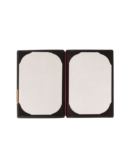 Porta Menu A5 (16,5x23,1 cm) etichetta PATCH "menu" cornicetta (4 facciate) elastico rosso JUTA NERO
