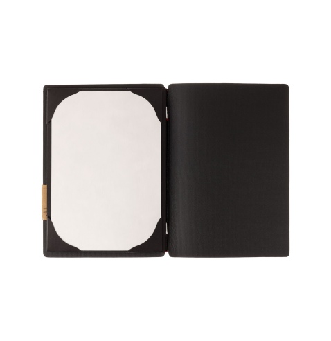 Porta Menu A5 (16,5x23,1 cm) etichetta PATCH "menu" cornicetta (4 facciate) elastico rosso JUTA NERO
