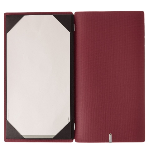 Porta Menu A4 SLIM (17,4x31,8 cm) etichetta METAL "menu" cornicetta (4 facciate) elastico rosso JUTA BORDEAUX