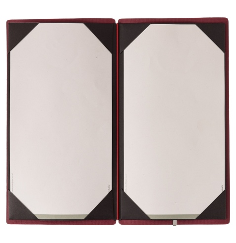 Porta Menu A4 SLIM (17,4x31,8 cm) etichetta METAL "personalizzata" (minimo 18 pezzi) cornicetta (4 facciate) elastico rosso JUTA