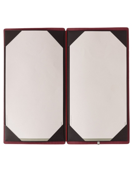 Porta Menu A4 SLIM (17,4x31,8 cm) etichetta METAL "personalizzata" (minimo 18 pezzi) cornicetta (4 facciate) elastico rosso JUTA