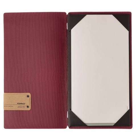 Porta Menu A4 SLIM (17,4x31,8 cm) etichetta PATCH "personalizzata" (minimo 18 pezzi) cornicetta (4 facciate) elastico rosso JUTA