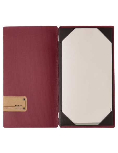 Porta Menu A4 SLIM (17,4x31,8 cm) etichetta PATCH "menu" cornicetta (4 facciate) elastico rosso JUTA BORDEAUX