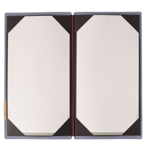 Porta Menu A4 SLIM (17,4x31,8 cm) etichetta PATCH "personalizzata" (minimo 18 pezzi) cornicetta (4 facciate) elastico rosso JUTA