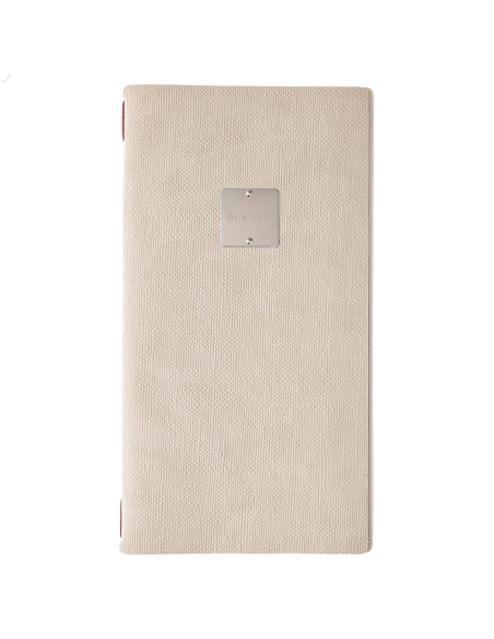 Porta Menu A4 SLIM (17,4x31,8 cm) etichetta METAL "menu" cornicetta (4 facciate) elastico rosso JUTA AVORIO