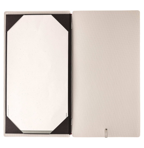 Porta Menu A4 SLIM (17,4x31,8 cm) etichetta METAL "menu" cornicetta (4 facciate) elastico rosso JUTA AVORIO