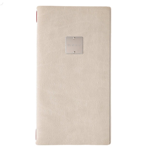 Porta Menu A4 SLIM (17,4x31,8 cm) etichetta METAL "personalizzata" (minimo 18 pezzi) cornicetta (4 facciate) elastico rosso JUTA