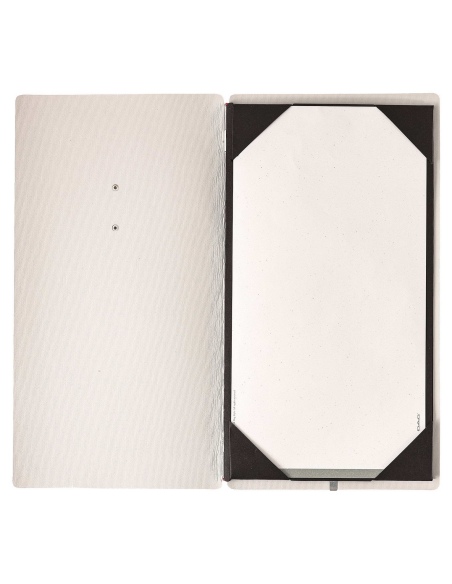 Porta Menu A4 SLIM (17,4x31,8 cm) etichetta METAL "personalizzata" (minimo 18 pezzi) cornicetta (4 facciate) elastico rosso JUTA