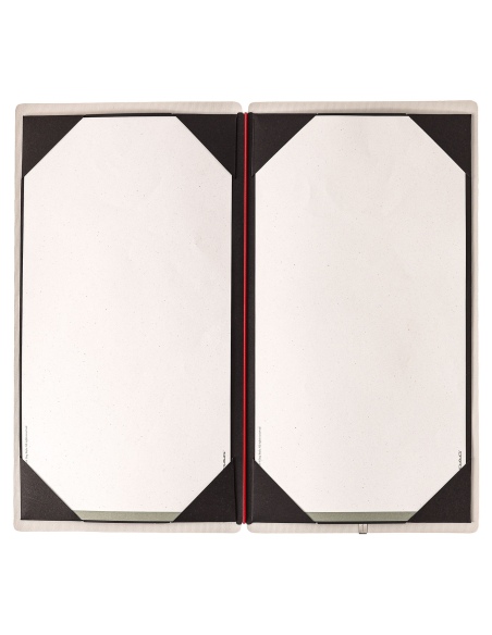 Porta Menu A4 SLIM (17,4x31,8 cm) etichetta METAL "personalizzata" (minimo 18 pezzi) cornicetta (4 facciate) elastico rosso JUTA