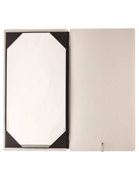 Porta Menu A4 SLIM (17,4x31,8 cm) etichetta METAL "personalizzata" (minimo 18 pezzi) cornicetta (4 facciate) elastico rosso JUTA