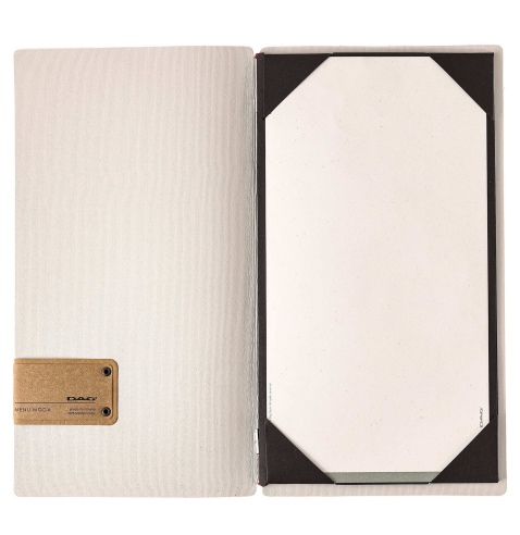 Porta Menu A4 SLIM (17,4x31,8 cm) etichetta PATCH "personalizzata" (minimo 18 pezzi) cornicetta (4 facciate) elastico rosso JUTA