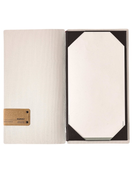 Porta Menu A4 SLIM (17,4x31,8 cm) etichetta PATCH "personalizzata" (minimo 18 pezzi) cornicetta (4 facciate) elastico rosso JUTA