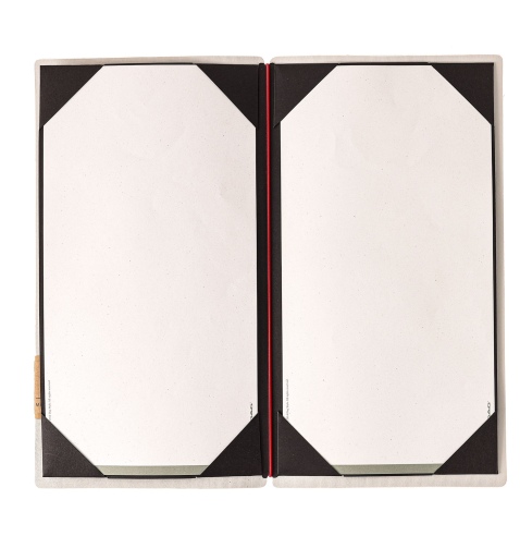 Porta Menu A4 SLIM (17,4x31,8 cm) etichetta PATCH "menu" cornicetta (4 facciate) elastico rosso JUTA AVORIO
