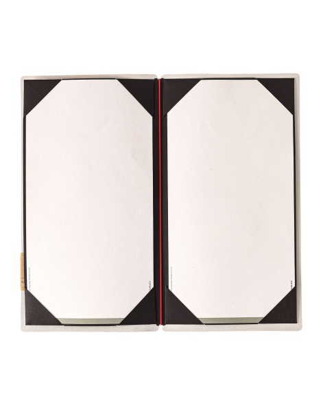 Porta Menu A4 SLIM (17,4x31,8 cm) etichetta PATCH "menu" cornicetta (4 facciate) elastico rosso JUTA AVORIO