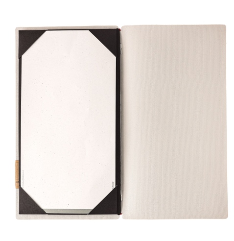 Porta Menu A4 SLIM (17,4x31,8 cm) etichetta PATCH "menu" cornicetta (4 facciate) elastico rosso JUTA AVORIO
