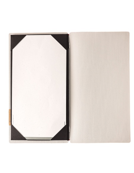 Porta Menu A4 SLIM (17,4x31,8 cm) etichetta PATCH "menu" cornicetta (4 facciate) elastico rosso JUTA AVORIO