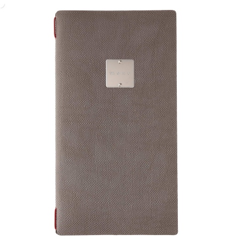 Porta Menu A4 SLIM (17,4x31,8 cm) etichetta METAL "personalizzata" (minimo 18 pezzi) cornicetta (4 facciate) elastico rosso JUTA