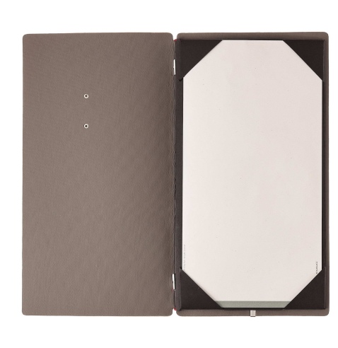 Porta Menu A4 SLIM (17,4x31,8 cm) etichetta METAL "personalizzata" (minimo 18 pezzi) cornicetta (4 facciate) elastico rosso JUTA
