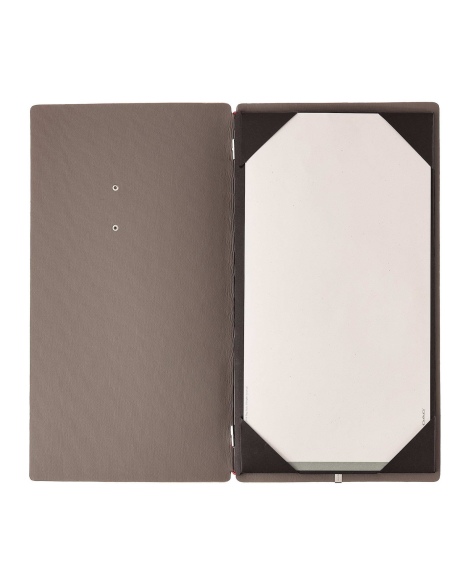 Porta Menu A4 SLIM (17,4x31,8 cm) etichetta METAL "personalizzata" (minimo 18 pezzi) cornicetta (4 facciate) elastico rosso JUTA