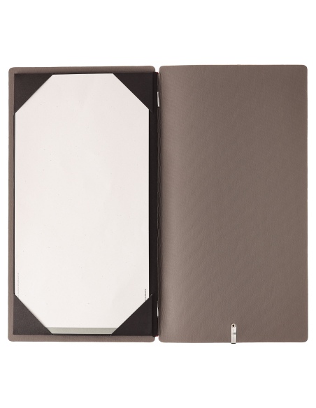 Porta Menu A4 SLIM (17,4x31,8 cm) etichetta METAL "personalizzata" (minimo 18 pezzi) cornicetta (4 facciate) elastico rosso JUTA