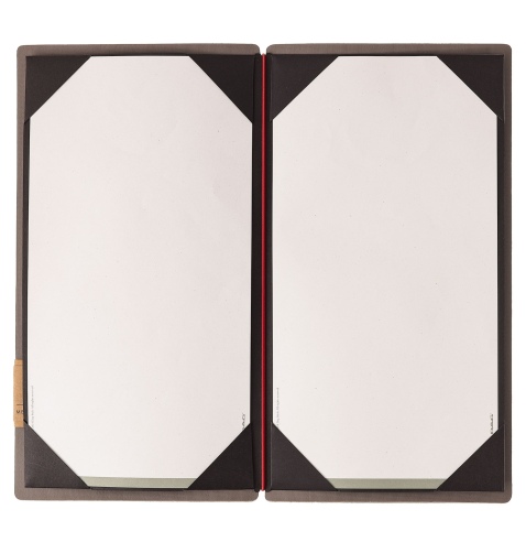 Porta Menu A4 SLIM (17,4x31,8 cm) etichetta PATCH "personalizzata" (minimo 18 pezzi) cornicetta (4 facciate) elastico rosso JUTA