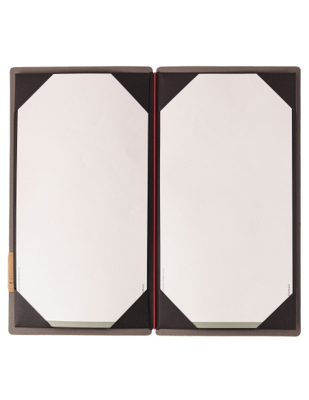 Porta Menu A4 SLIM (17,4x31,8 cm) etichetta PATCH "personalizzata" (minimo 18 pezzi) cornicetta (4 facciate) elastico rosso JUTA