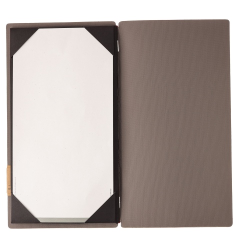 Porta Menu A4 SLIM (17,4x31,8 cm) etichetta PATCH "menu" cornicetta (4 facciate) elastico rosso JUTA GRIGIO