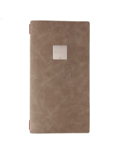 Porta Menu A4 SLIM (17,4x31,8 cm) etichetta METAL "menu" cornicetta (4 facciate) elastico rosso JUTA CAMMELLO
