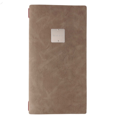Porta Menu A4 SLIM (17,4x31,8 cm) etichetta METAL "menu" cornicetta (4 facciate) elastico rosso JUTA CAMMELLO