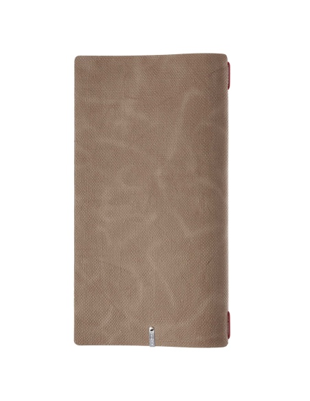 Porta Menu A4 SLIM (17,4x31,8 cm) etichetta METAL "menu" cornicetta (4 facciate) elastico rosso JUTA CAMMELLO