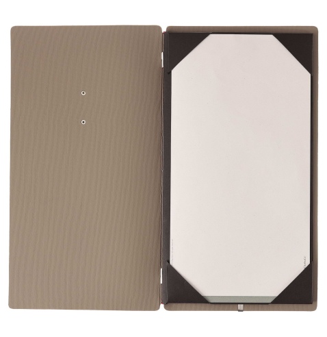 Porta Menu A4 SLIM (17,4x31,8 cm) etichetta METAL "menu" cornicetta (4 facciate) elastico rosso JUTA CAMMELLO