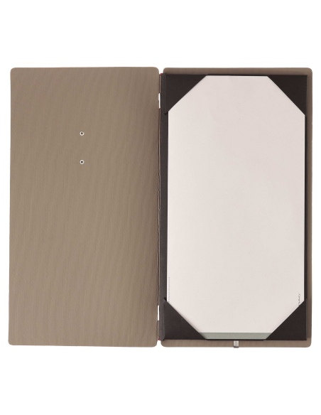 Porta Menu A4 SLIM (17,4x31,8 cm) etichetta METAL "menu" cornicetta (4 facciate) elastico rosso JUTA CAMMELLO
