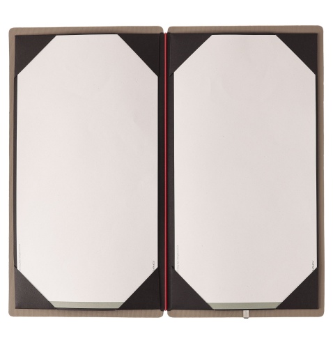 Porta Menu A4 SLIM (17,4x31,8 cm) etichetta METAL "menu" cornicetta (4 facciate) elastico rosso JUTA CAMMELLO