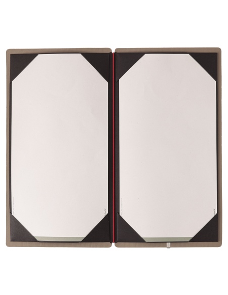 Porta Menu A4 SLIM (17,4x31,8 cm) etichetta METAL "menu" cornicetta (4 facciate) elastico rosso JUTA CAMMELLO